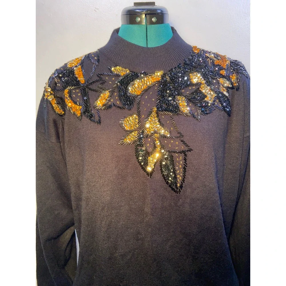 Vintage 1980s Regency Collection for Joyce Sequin Beaded Sweater XL Mock Neck